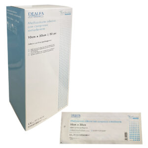 Dealfa Medicazione adesiva acrilica con compressa antiaderente 10 cm x 30 cm (Conf. 50 pezzi)