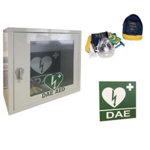 Postazione DAE per interni Kit defibrillatore completo di Teca metallica + Cartello da muro DAE + Kit di Rianimazione