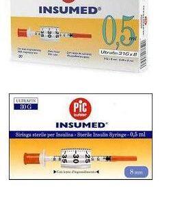 Siringa per insulina pic insumed 0,5 ml 100 ui ago gauge 30 lunghezza 8 mm senza spazio morto 3 sacchetti da 10 pezzi