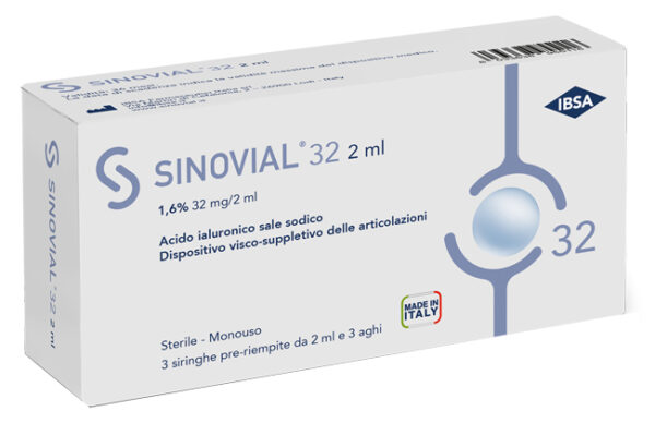 Siringa intra-articolare sinovial 32 acido ialuronico 1,6% 32 mg/2 ml 1 fs + ago gauge 21 3 pezzi